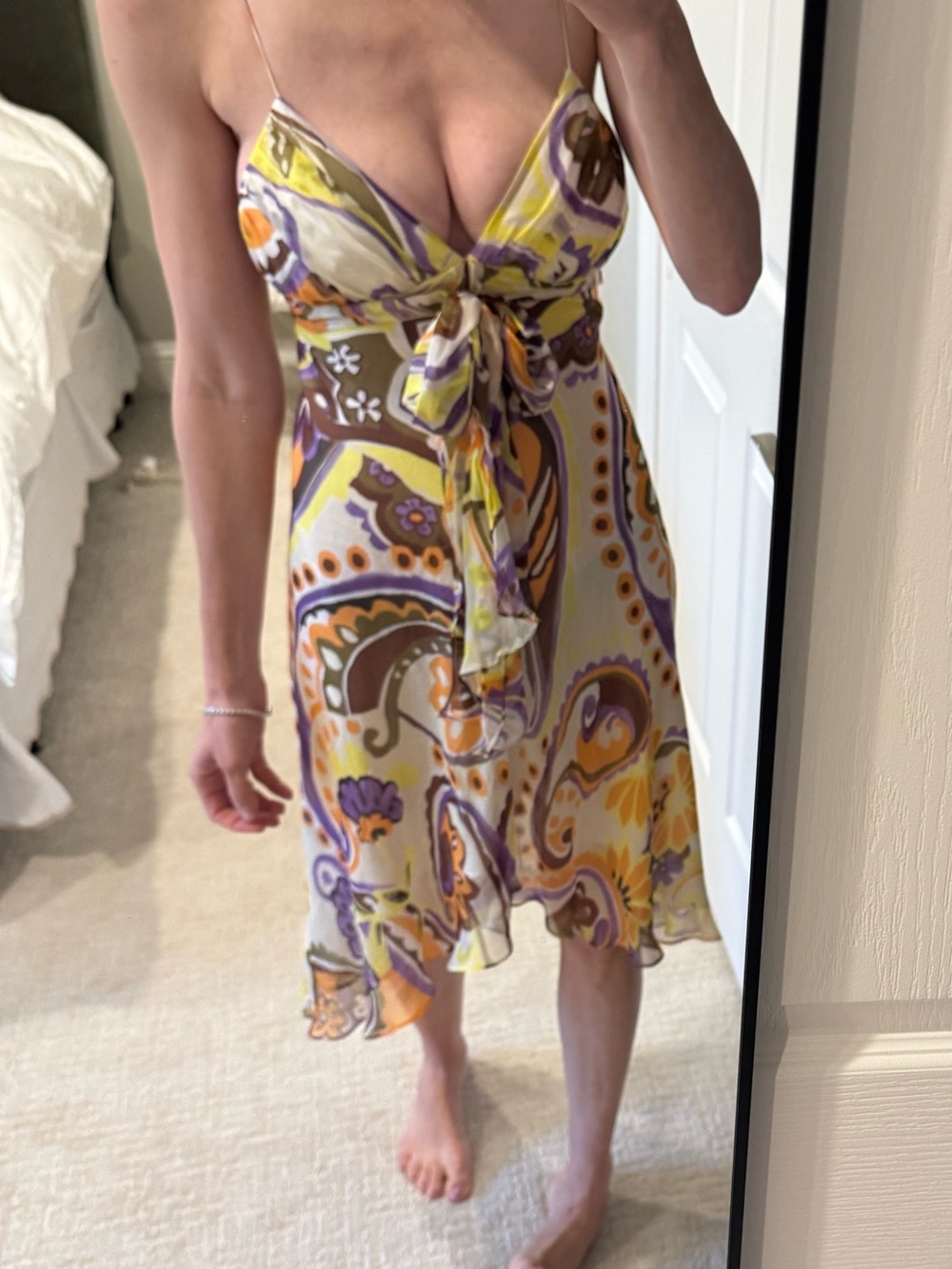 Milly Paisley Tie-Front Spaghetti Strap Mini Dress in Purple, Yellow Y2K